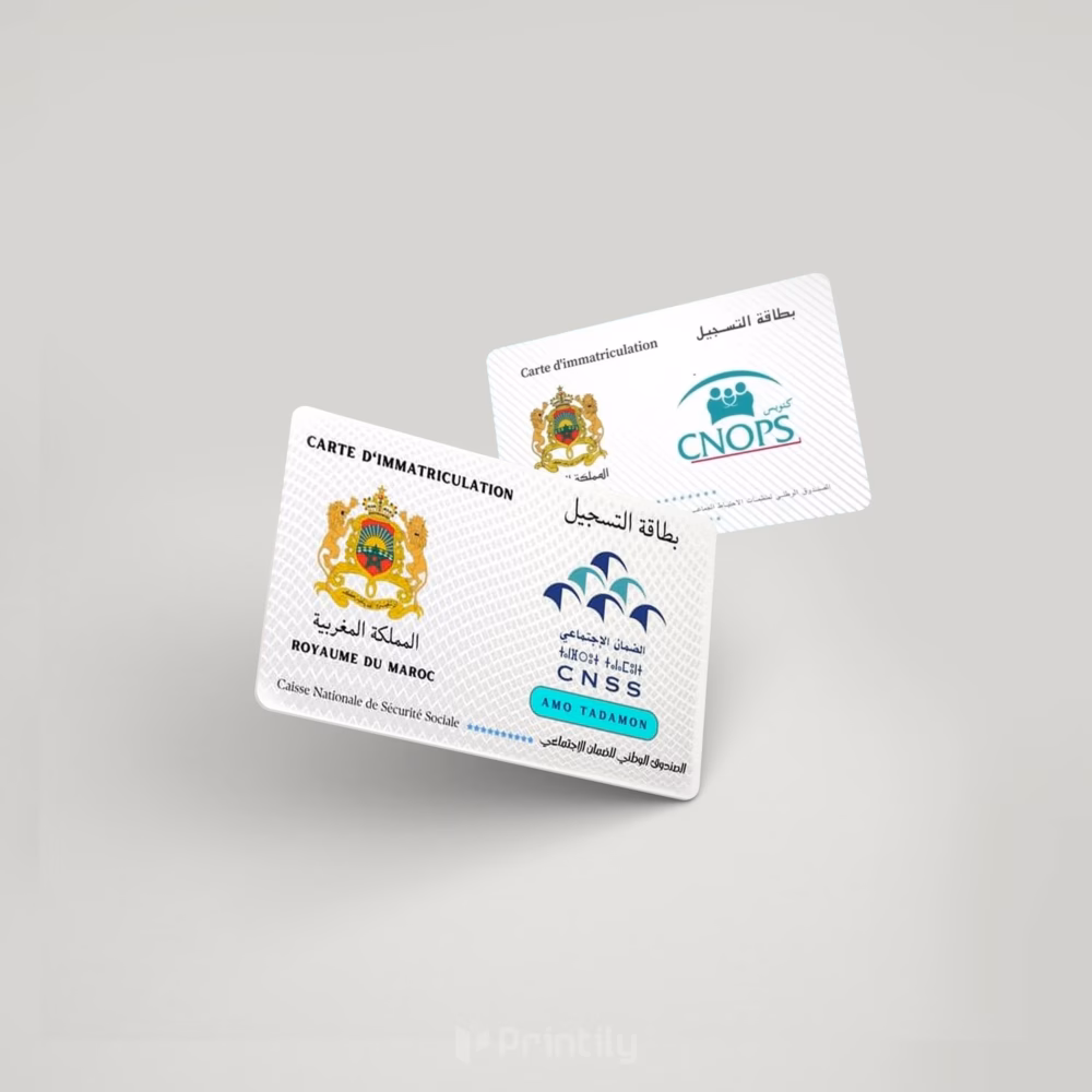 Impression carte PVC personnalisée Maroc, CNSS, AMO, VIP, carte plastique (2026) بطاقة الضمان الاجتماعي تضامن كنوبس التأمين الإجباري